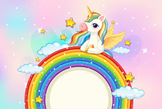 Free Vector Blank Banner With Cute Unicorn On Rainbow In The Pastel Sky Background