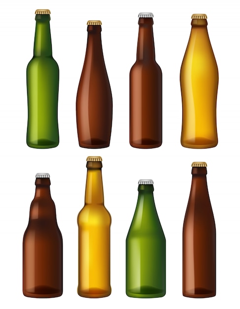 空のビール瓶 色付きのガラス容器 茶色と軽いクラフト用の容器 緑色のビール リアルなイラストのボトル プレミアムベクター