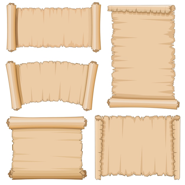 Blank cartoon old scrolls of papyrus paper vector set Premium Vector