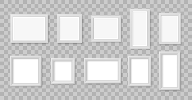 壁に空白のフォトフレーム 透明な背景に分離された白の現実的な正方形の空の写真フォトフレーム あなたの製品やプレゼンテーションのためのモダンなデザイン要素 図 プレミアムベクター