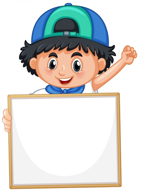 Blank sign template with cute boy on white background ...