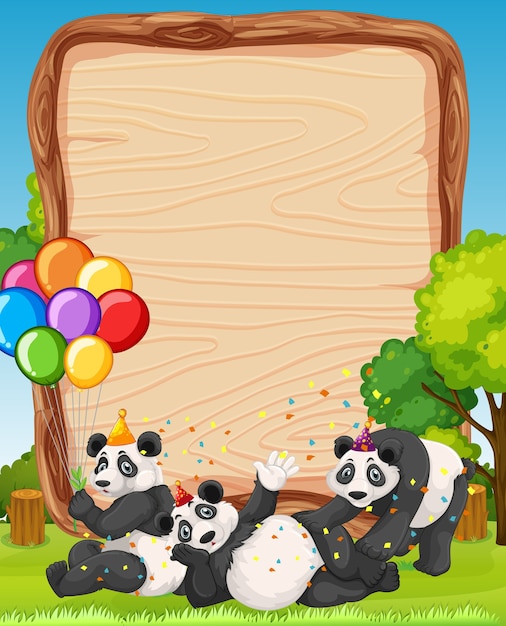 Free Vector Blank Wooden Board With Pandas In Party Theme On Forest Background