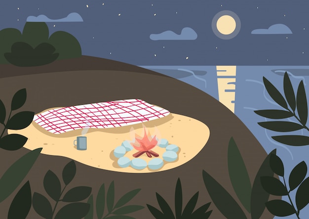 Download Blanket and bonfire on seashore color illustration. picnic ...