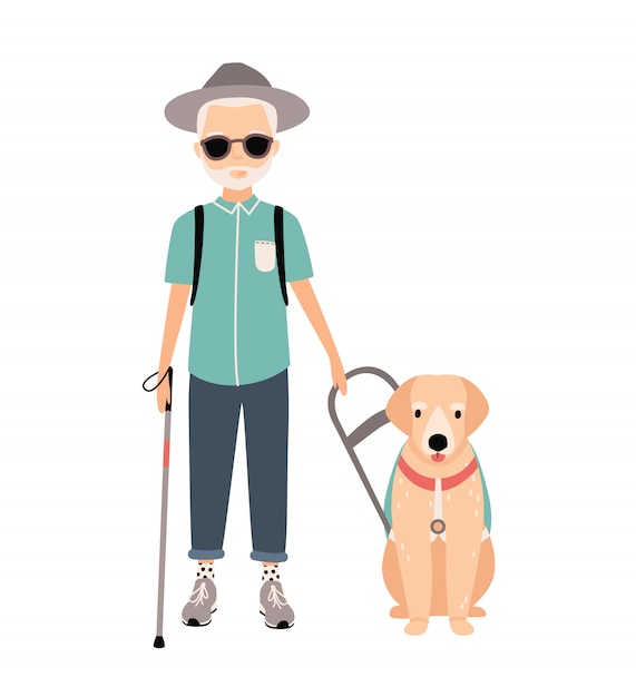 盲目の男 白い背景の盲導犬と視覚障害者の高齢者をフィーチャーしたカラフルなイメージ フラット漫画イラスト プレミアムベクター