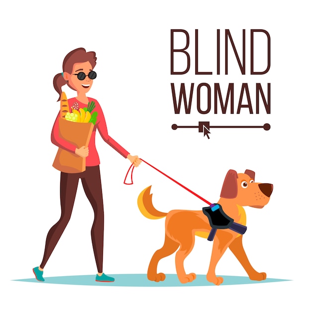 プレミアムベクター 盲目の女性のベクトル ペットの犬同伴者 サングラスと盲導犬で盲目の女性が歩きます 孤立した漫画のキャラクターのイラスト