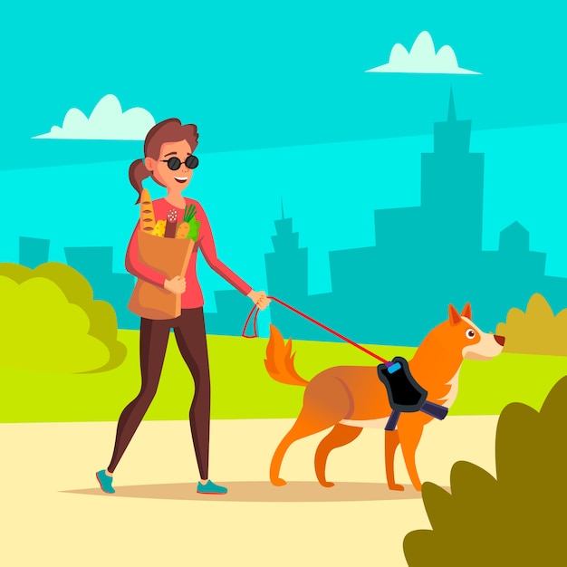 プレミアムベクター 盲目の女性のベクトル ペットの犬の同伴者を助ける若い人 障害者社会化の概念横断歩道で盲目の女性と盲導犬 漫画のキャラクターの イラスト