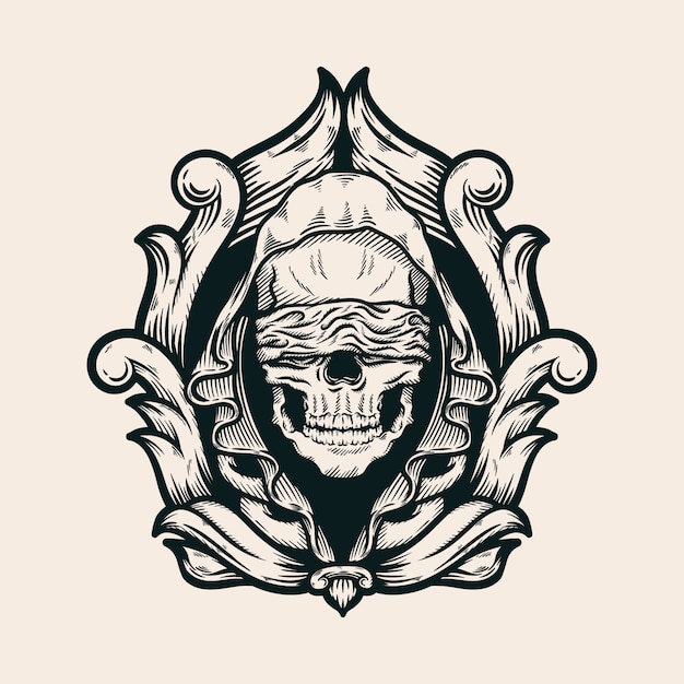 Premium Vector Blindfolded skull wearing hood with baroque hand drawn