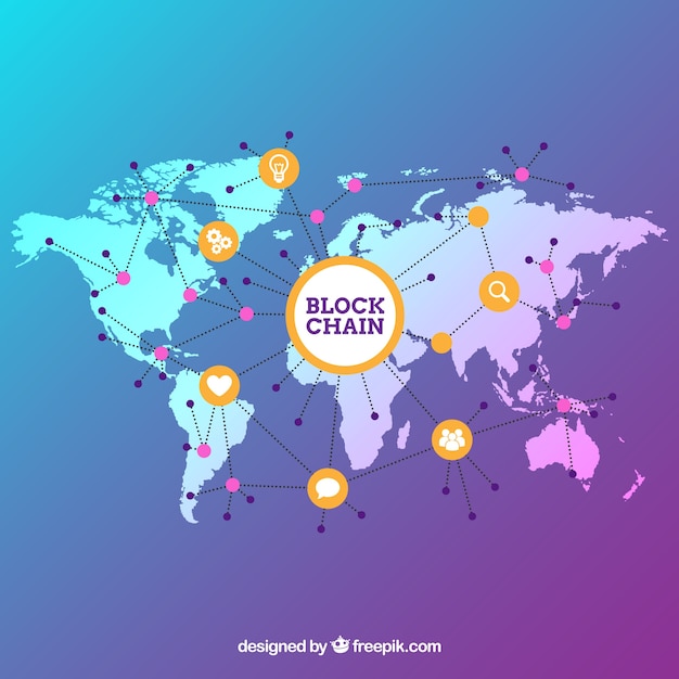 Blockchain background with world map Free Vector