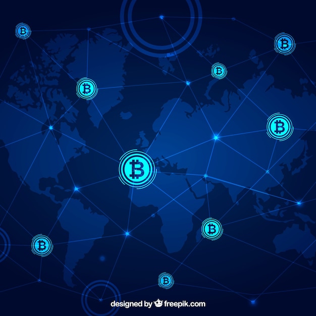Blockchain background with world map Free Vector