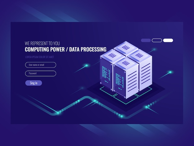 Концепция сервера blockchain, квантовый компьютер, серверная комната, база данных Бесплатные векторы