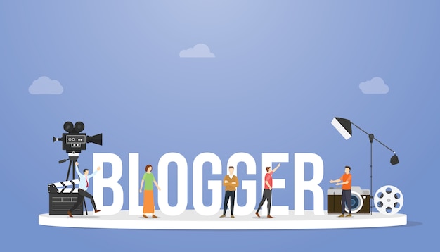 Blogger or vlogger concept with big text or word and professional people with some tools with modern flat style Premium Vector