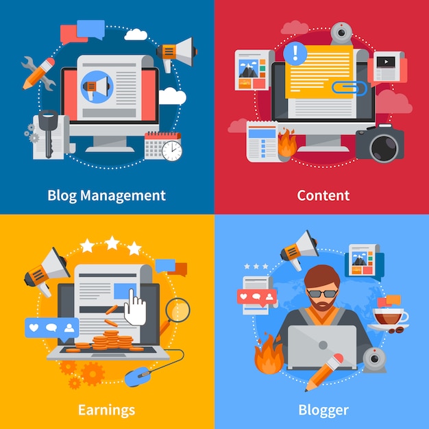 Blogging flat elements and character set with blogger blog management content and earrings on colorful backgrounds isolated vector illustration Free Vector