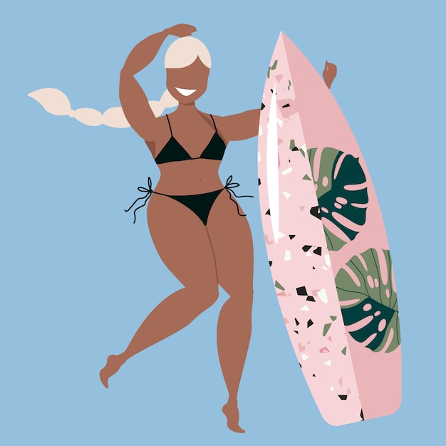 サーフィンボードを保持しているブロンドの女の子 サーフィンボードを持つ少女 日焼けした美女サーファー アクティブな夏のスポーツの手描きイラスト Webおよび印刷用のトレンディなハワイアンポスターデザイン プレミアムベクター