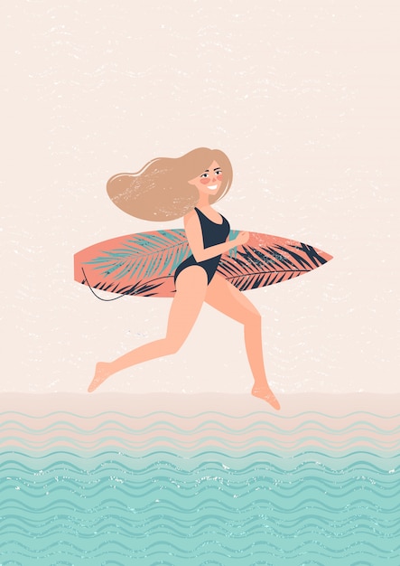 Premium Vector | Blonde woman with a surf runs illustration