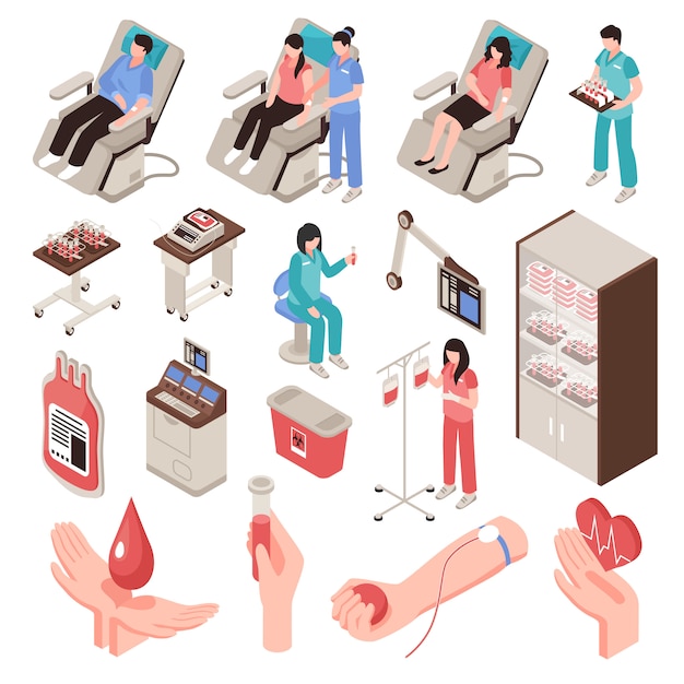 無料のベクター 椅子の専門スタッフと等尺性のアイコン分離されたイラストの医療機器セットで献血