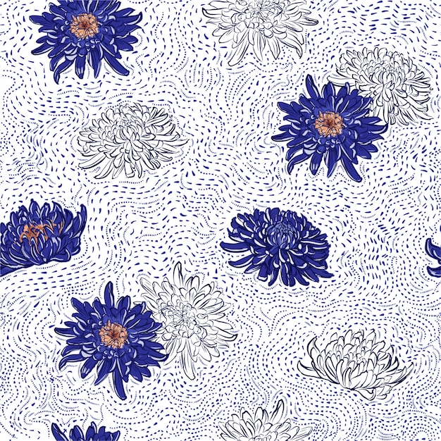 Blooming blue japanese chrysanthemum flowers hand drawn polka dots line brush seamless pattern illustration. Premium Vector