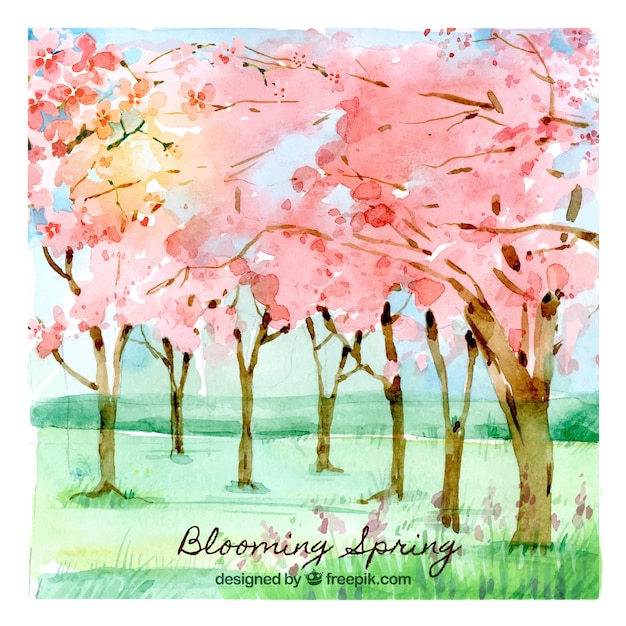 Free Vector | Blooming spring background in watercolor style