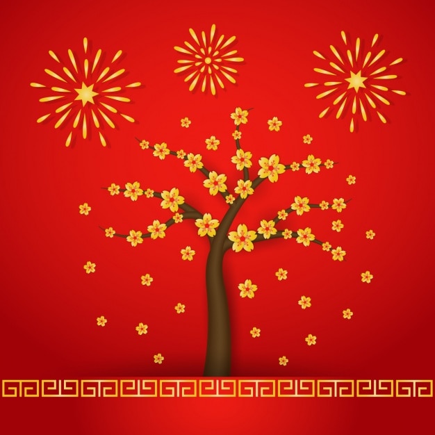 Free Vector | Blossoming tree and fireworks