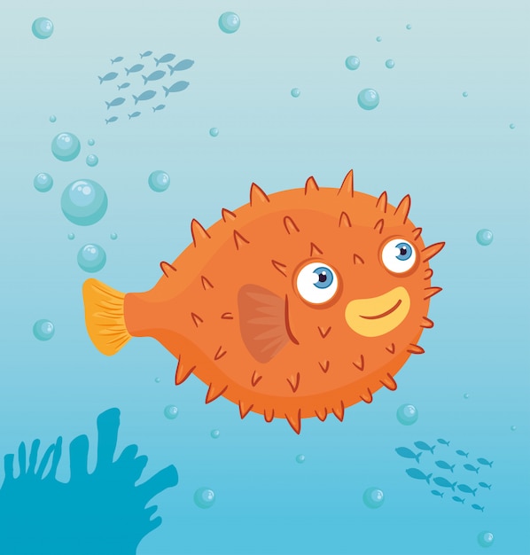 Premium Vector Blowfish Marine Animal In Ocean Seaworld Dweller Cute Underwater Creature Undersea Fauna