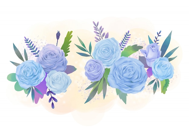 青と紫のバラの花の水彩イラスト プレミアムベクター