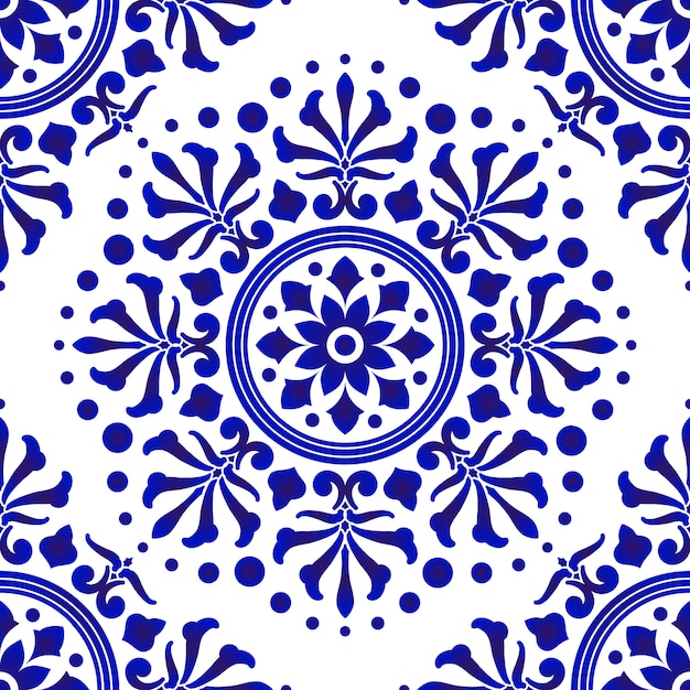 青と白のタイルパターン 抽象的な花柄の装飾的なシームレスデザイン 磁器 陶磁器 セラミック タイル 天井 テクスチャ マンダラ 壁紙 床 壁 プレミアムベクター