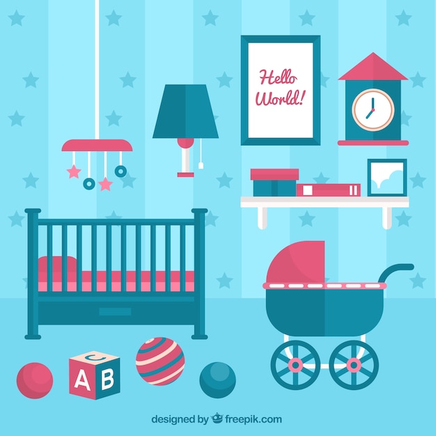 Download Blue baby room with crib and stroller Vector | Free Download