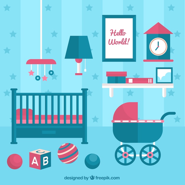 Blue Baby Room With Crib And Stroller Free Vector