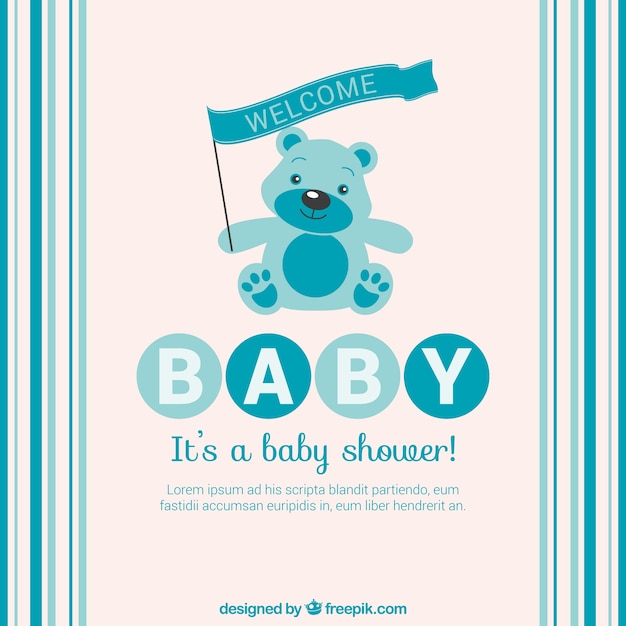 Download Blue baby shower card with teddy bear | Free Vector