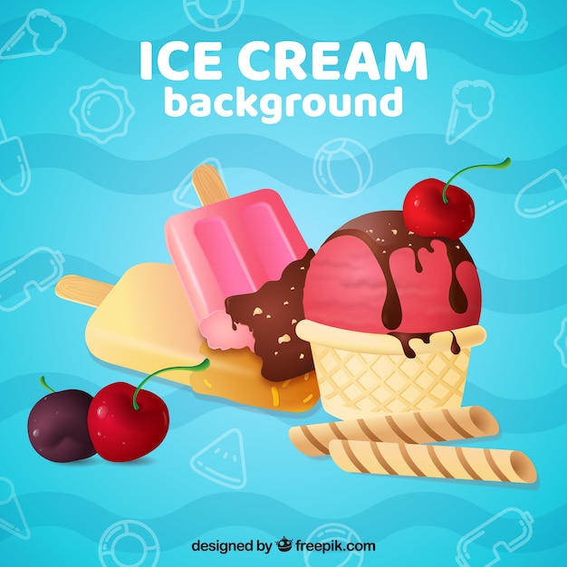 Blue background with assorment of ice\
creams