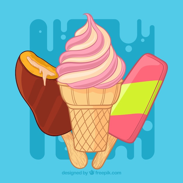 Blue background with hand drawn ice\
cream