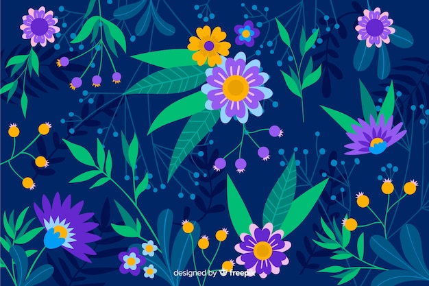 Blue Background With Purple And Yellow Flowers Free Vector