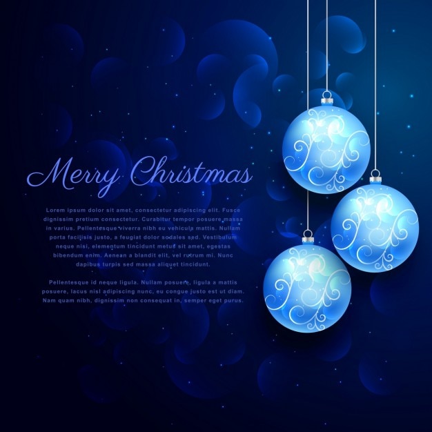 Blue background with shiny hanging christmas\
balls