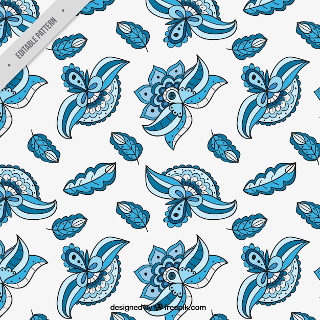 Blue batik  flowers pattern Free Vector 