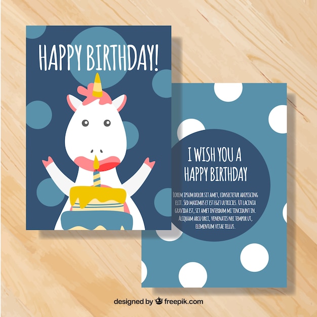 Download Free Vector | Blue birthday card with cute unicorn and circles