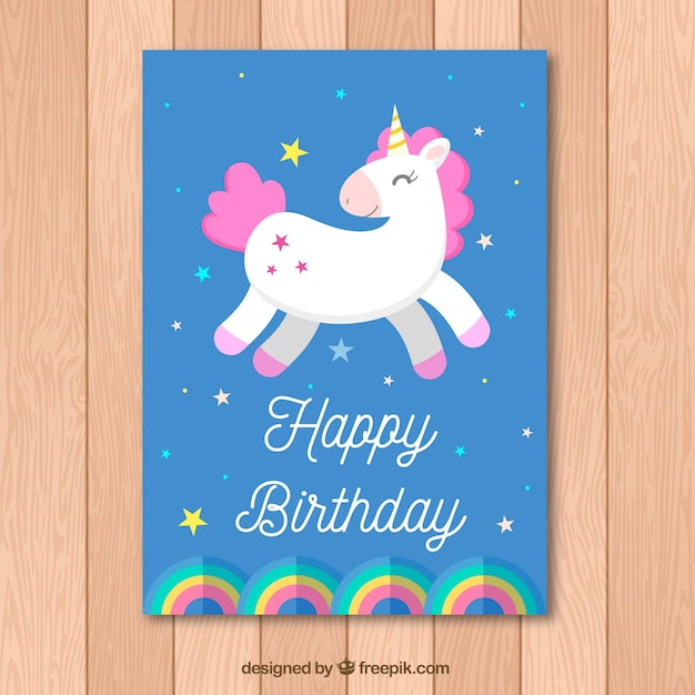 Download Blue birthday card with unicorn | Free Vector