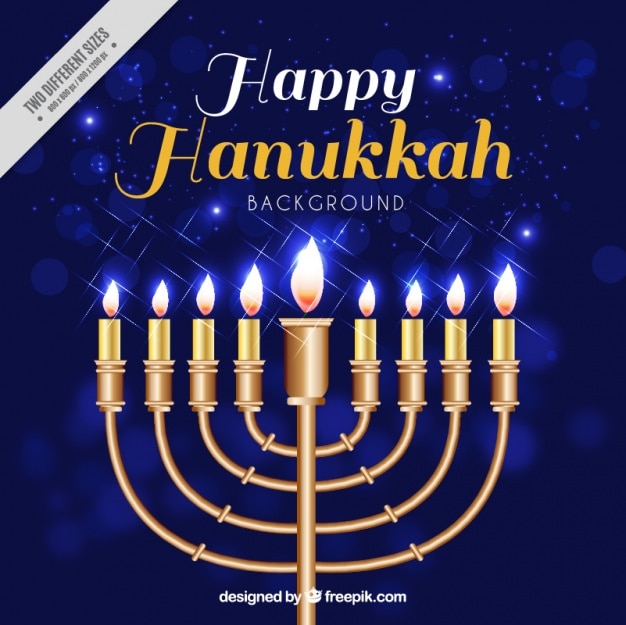 Blue bokeh background with candelabra for\
hanukkah
