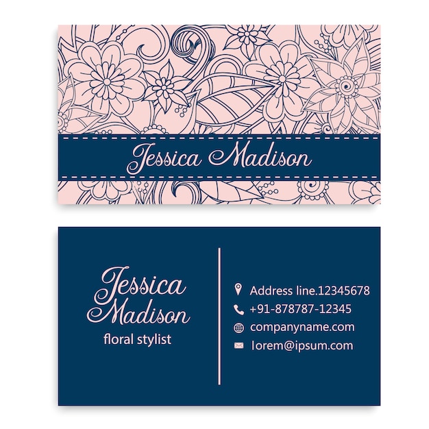 Premium Vector Blue Business Card With Pink Floral Pattern