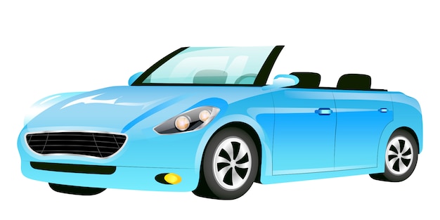 青いカブリオレ漫画イラスト ルーフカラーのないおしゃれな車 白い背景の上の豪華な自動車 近代的な個人輸送 スタイリッシュな自動車の側面図 プレミアムベクター