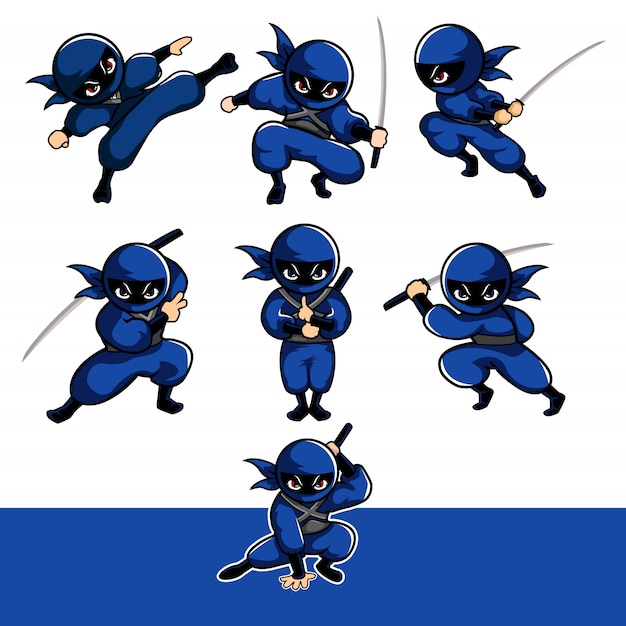 Blue cartoon ninja with seven different pose using sward Premium Vector