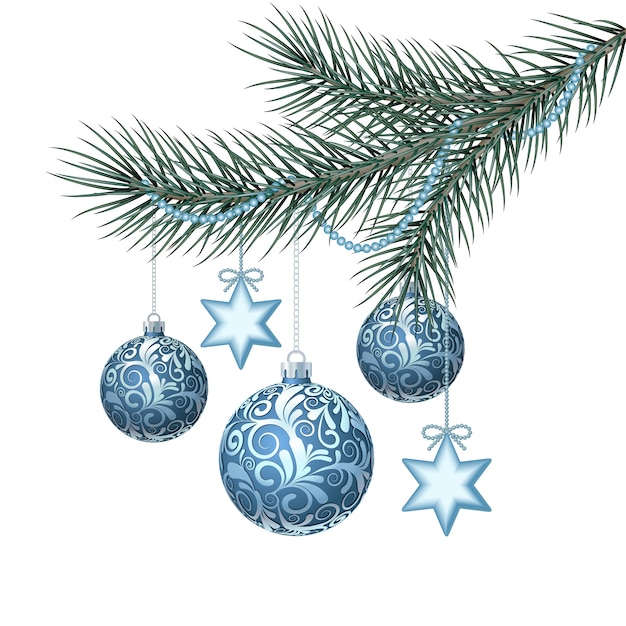 Premium Vector | Blue christmas balls on green spruce branch. illustration