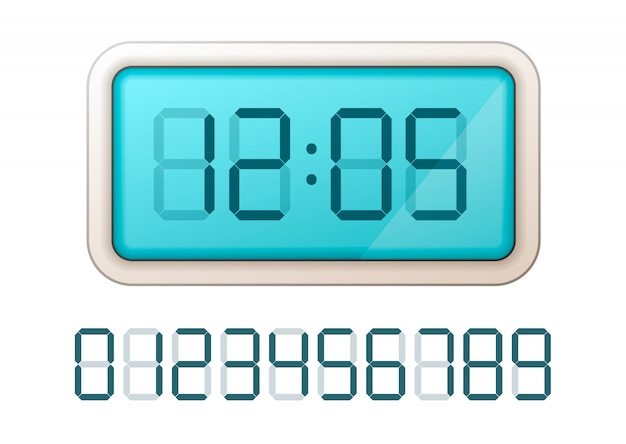 白のレトロな電子数字のセットを持つ青いデジタル時計表示 プレミアムベクター
