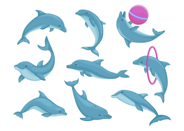 青いイルカのジャンプと水泳のセット ボールで遊んで トリックを実行するかわいい水生動物 プレミアムベクター