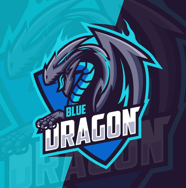 Blue dragon mascot esport logo Premium Vector