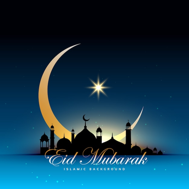 Blue eid mubarak design with mosque and moon