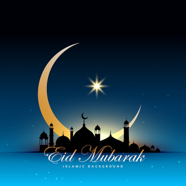 Free Vector Blue Eid Mubarak Design With Mosque And Moon