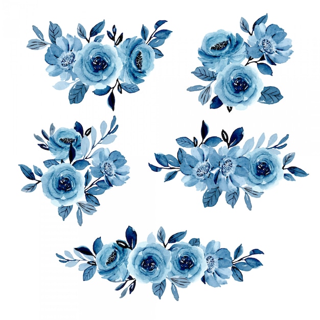 Blue floral watercolor arrangement collection | Premium Vector