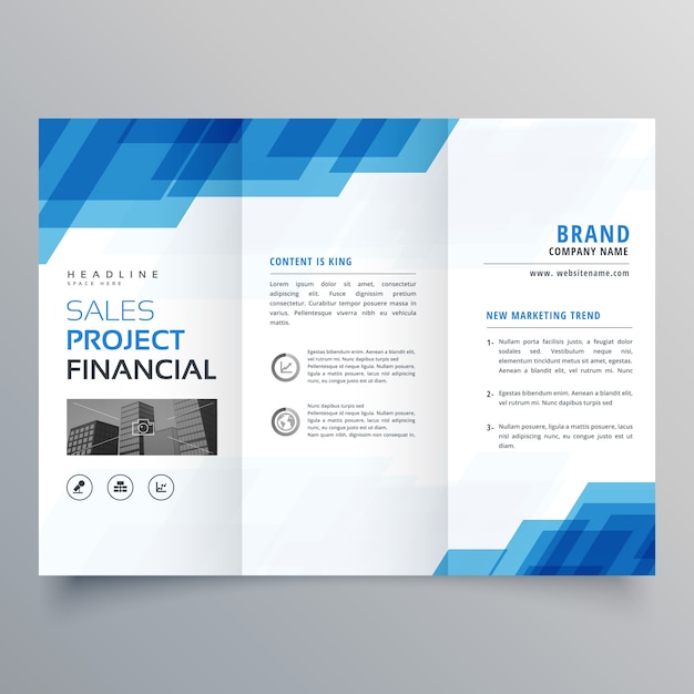 Blue geometric trifold business brochure design template 