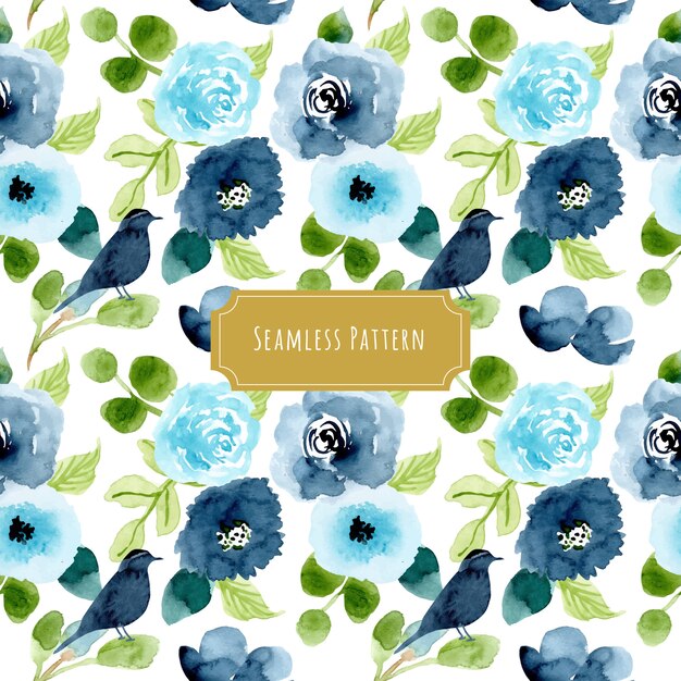 青緑色の花と鳥の水彩のシームレスなパターン プレミアムベクター