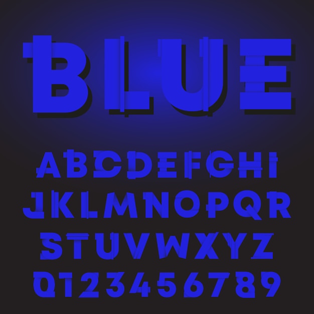 青い文字と数字のグラデーションシャドウデザイン アルファベットフォント プレミアムベクター