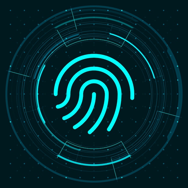 青い光の指紋アイコンと暗い背景の図 サイバーセキュリティ技術の概念上のサークルhudデジタル画面 プレミアムベクター